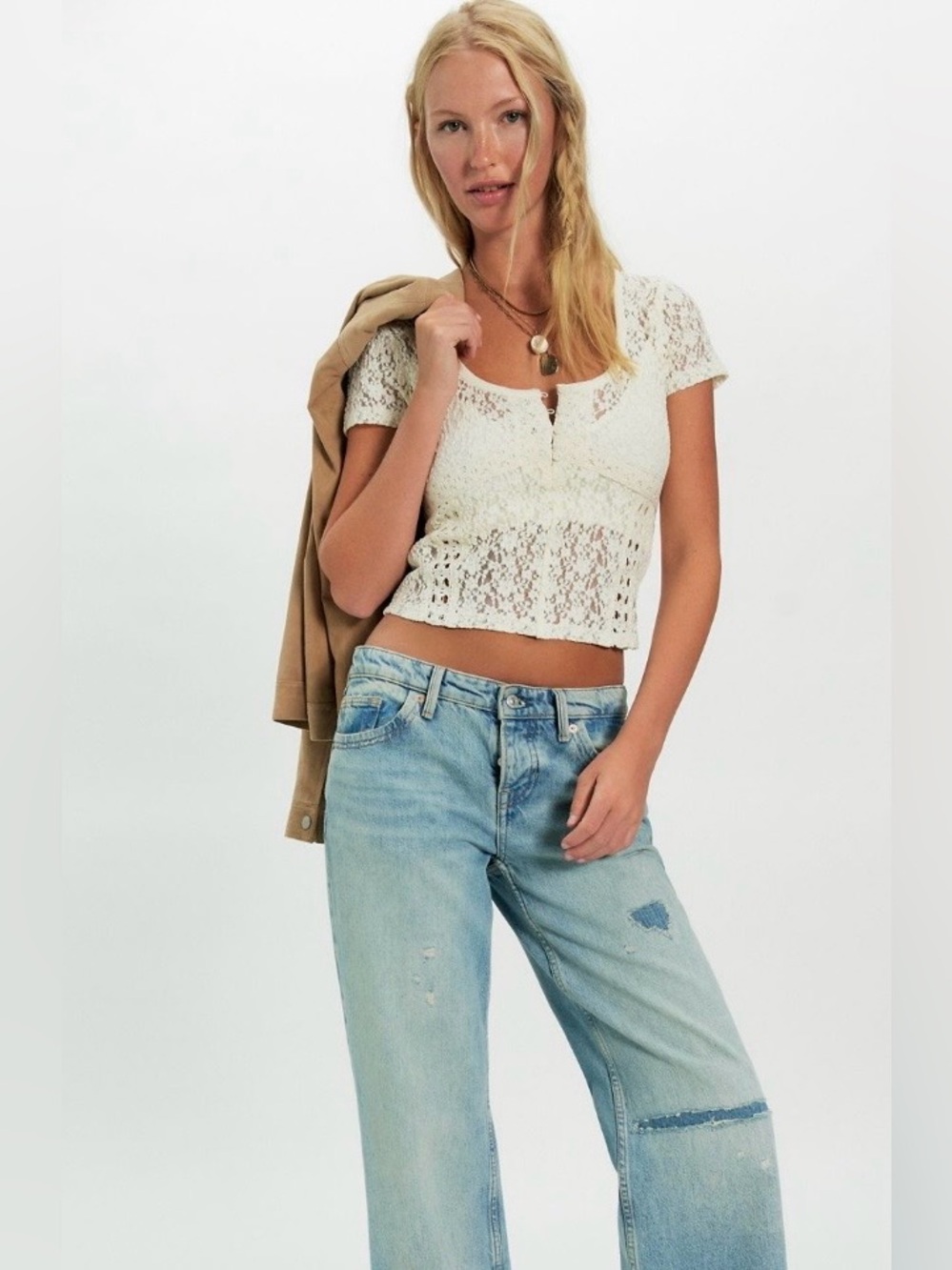 NWT FREE PEOPLE CLARO LACE TEE WHISPER WHITE